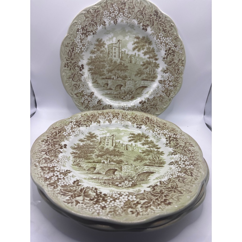 J&G Meakin Romantic England Haddon Hall Green Transferware Plates Set of 4 10 in